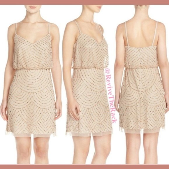 NEW Adrianna Papell Sequin‎ Mesh Blouson Dress in Champagne Gold [SZ 4 ] - Picture 1 of 9